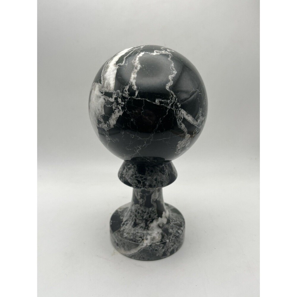 Vintage Natural Black White 7 in Marble Orb Sphere Sculpture Pedestal - Picture 5 of 5